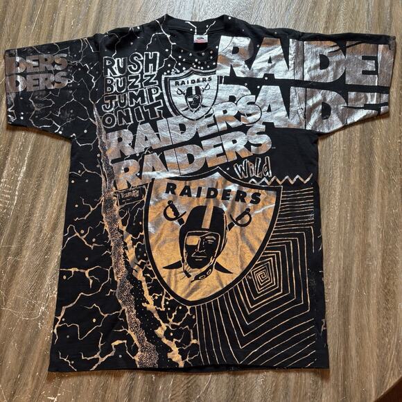 Oakland LA Raiders T-Shirt All Over Print AOP Black/Silver Magic Johnson Large - Picture 1 of 8